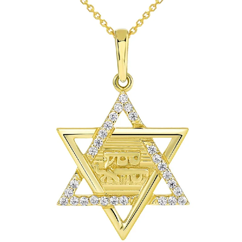 Solid 14K Yellow Gold Hebrew Shema Yisrael CZ Star of David Pendant Necklace