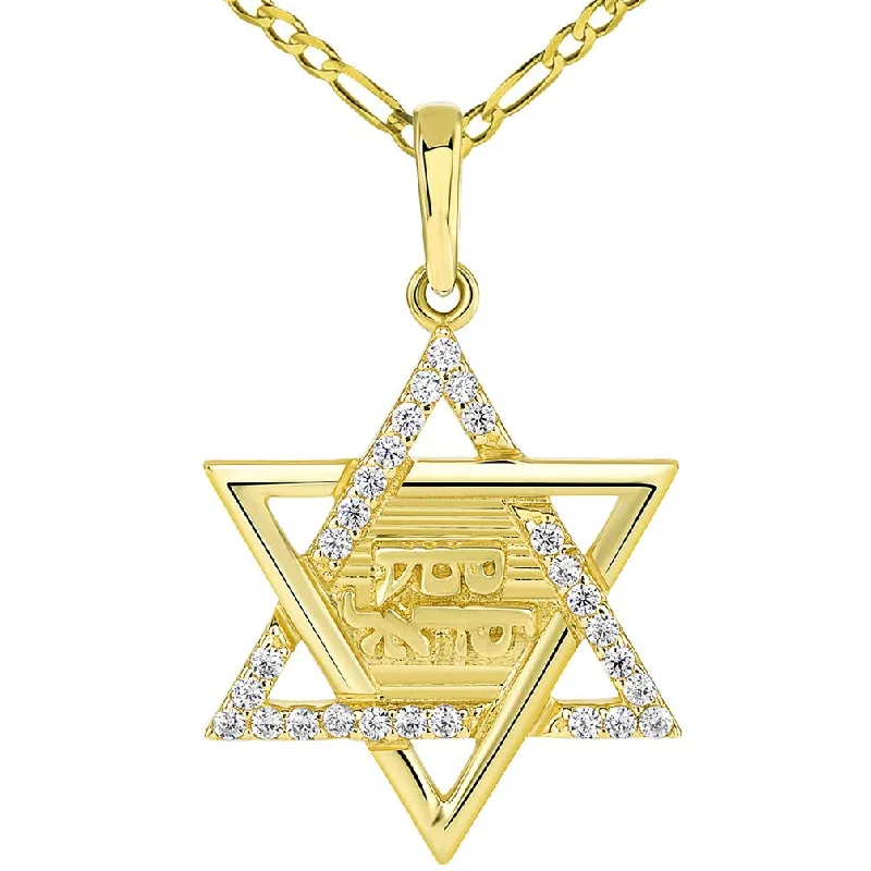 Solid 14K Yellow Gold Hebrew Shema Yisrael CZ Star of David Pendant with Figaro Chain Necklace