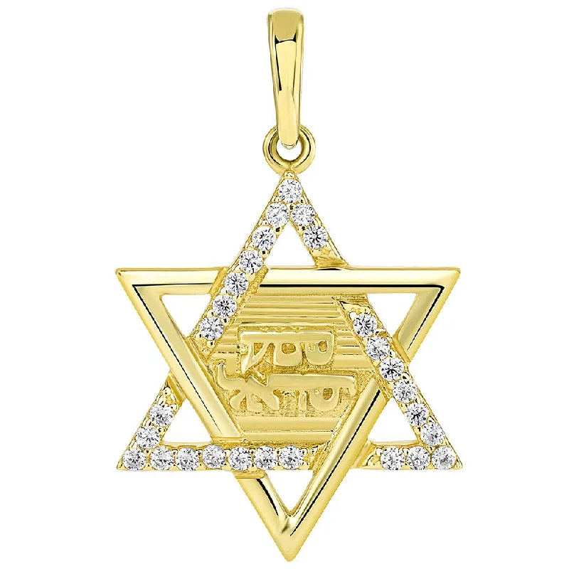 Solid 14K Yellow Gold Hebrew Shema Yisrael CZ Star of David Pendant