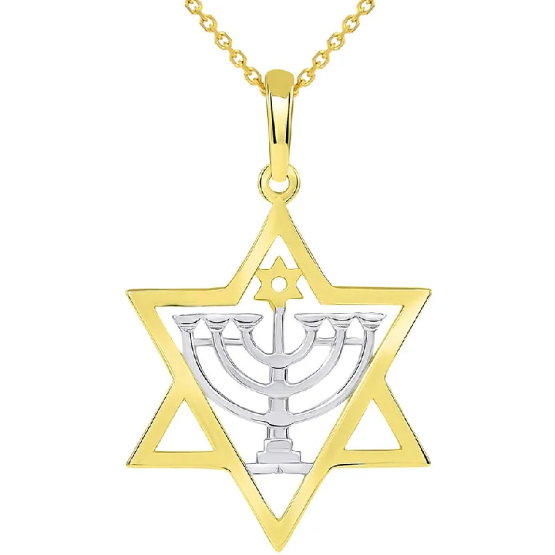 Solid 14k Yellow Gold Jewish David with Menorah Pendant Necklace