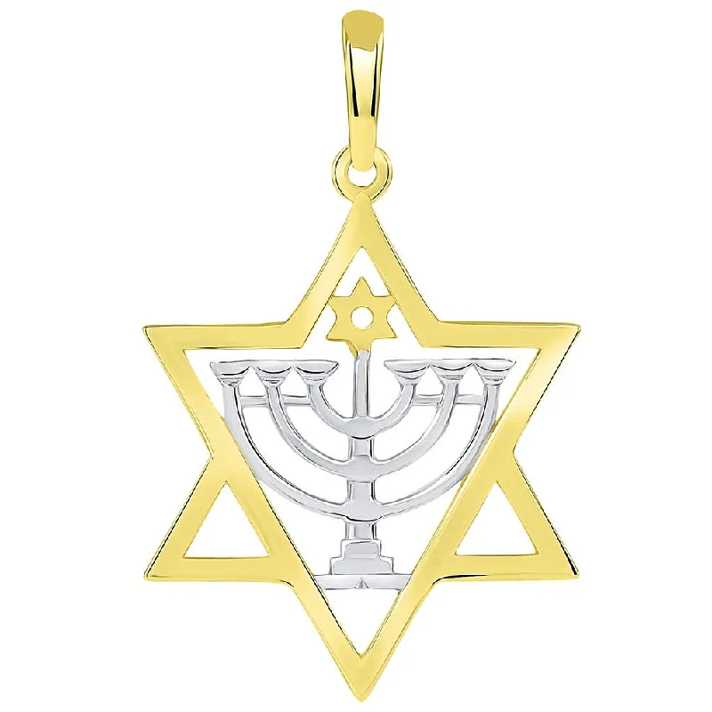 Solid 14k Yellow Gold Jewish David with Menorah Pendant