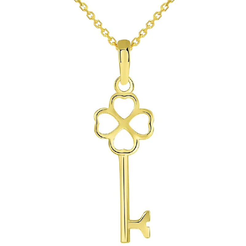 Solid 14K Yellow Gold Simple Four Leaf Clover Love Key Charm Good Luck Pendant Necklace