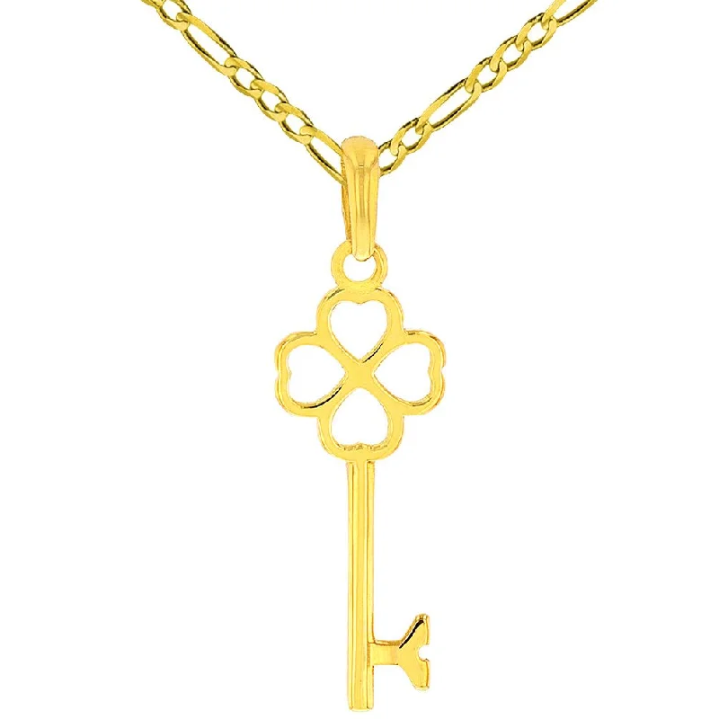 Solid 14K Yellow Gold Simple Four Leaf Clover Love Key Charm Good Luck Pendant with Figaro Chain Necklace