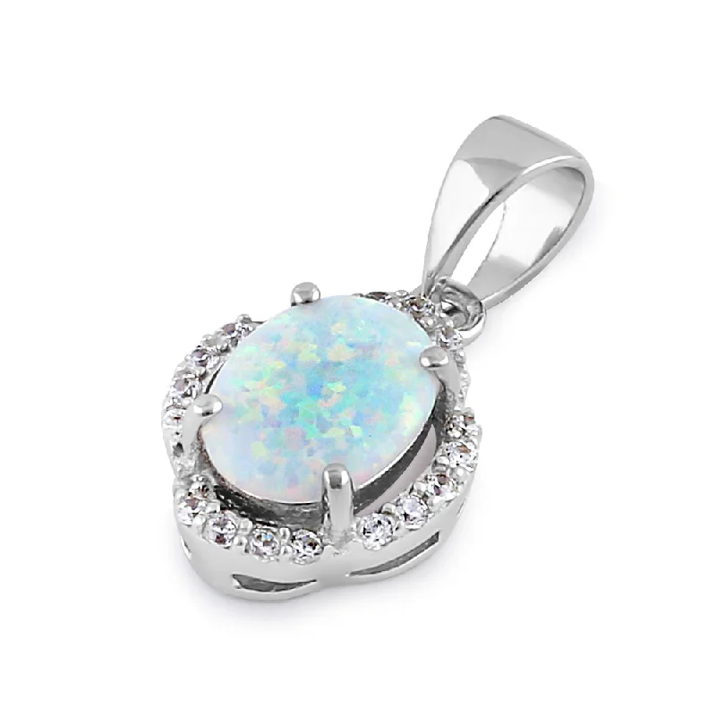 Sterling Silver Elegant White Lab Opal Oval Halo Pendant