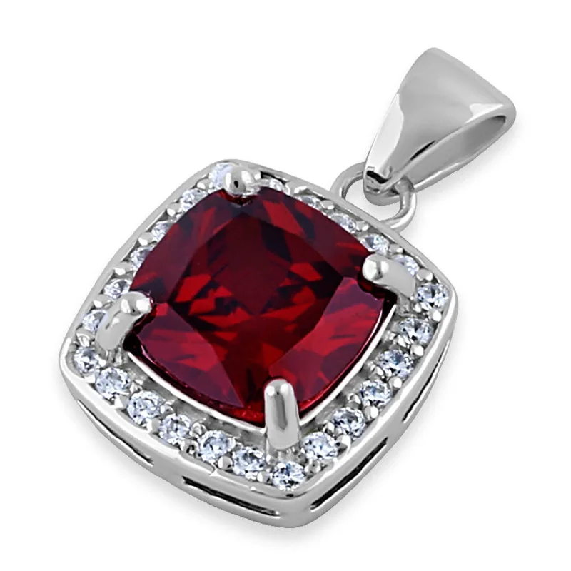 Sterling Silver Red CZ Cushion Halo Pendant