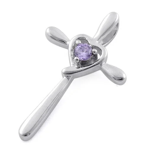 Sterling Silver Heart Cross Amethyst CZ Pendant