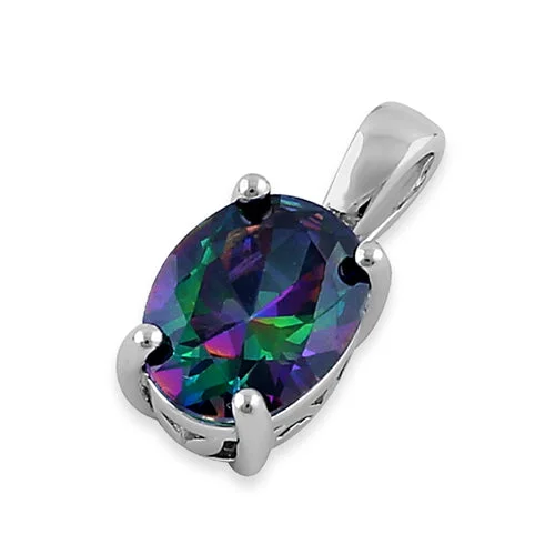 Sterling Silver Oval Rainbow CZ Filigree Pendant