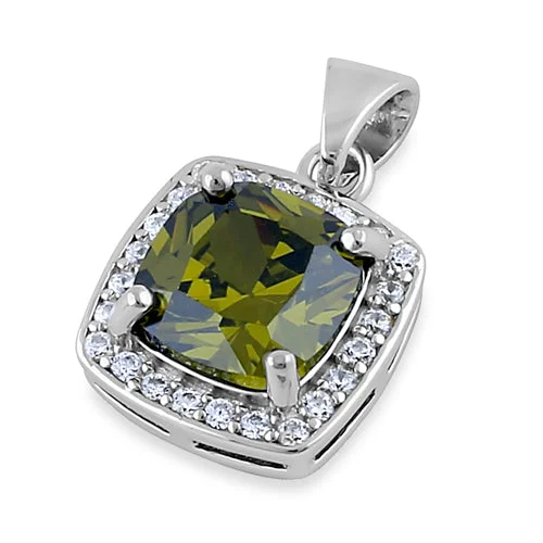 Sterling Silver Peridot CZ Cushion Halo Pendant