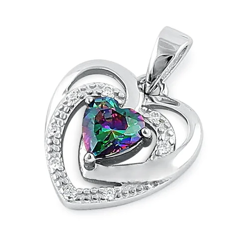 Sterling Silver Precious Heart Rainbow Topaz CZ Pendant