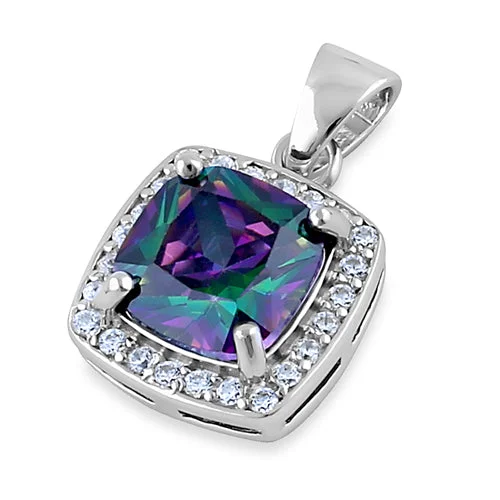 Sterling Silver Rainbow CZ Cushion Halo Pendant