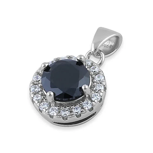 Sterling Silver Round Black CZ Halo Pendant