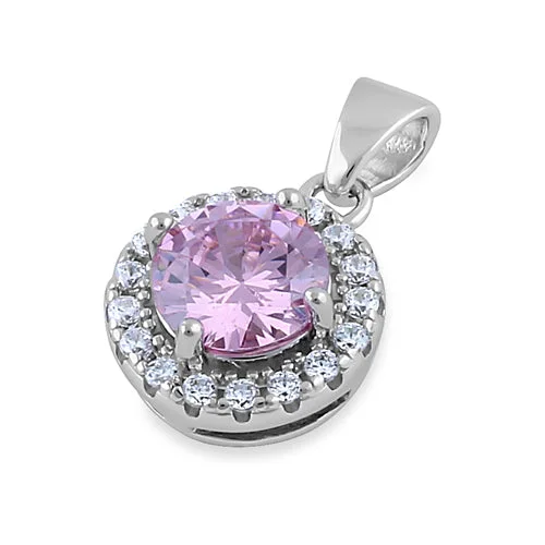 Sterling Silver Round Pink CZ Halo Pendant