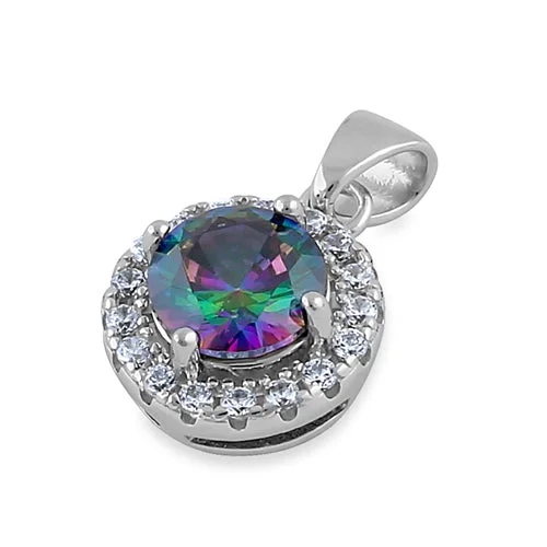 Sterling Silver Round Rainbow CZ Halo Pendant