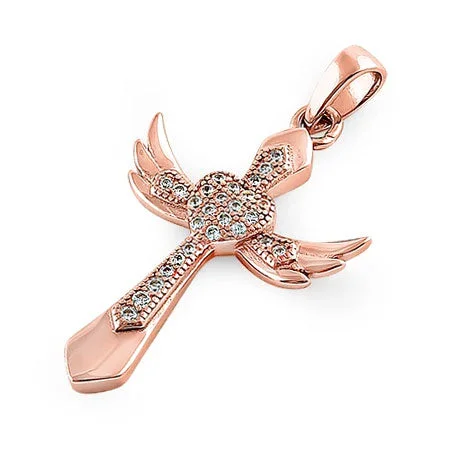 Sterling Silver Winged Cross Clear CZ Rose Gold Pendant