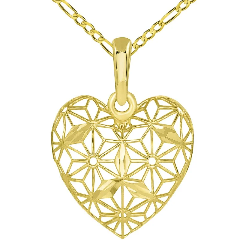 Textured 14K Yellow Gold 3D Heart Charm with Filigree Pendant Figaro Necklace