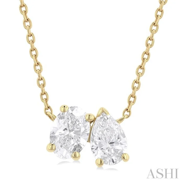 3/4 Ctw Toi Et Moi Oval and Pear Cut Diamond Necklace in 14K Yellow Gold