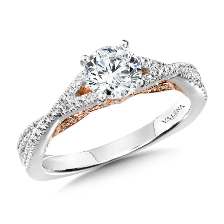 Diamond engagement ring mounting in 14k white gold.