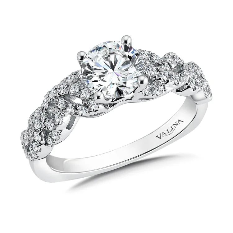 Diamond crisscross engagement ring mounting and side stones set in 14k white gold.