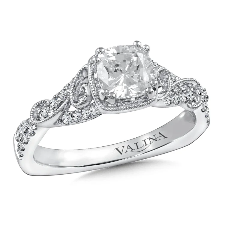 Diamond engagement ring mounting with milgrain detailing and side stones set in 14k white gold.