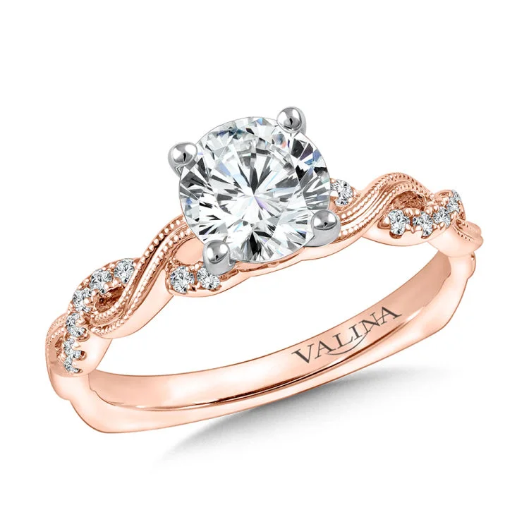 Diamond crisscross engagement ring mounting set in 14k rose gold. M