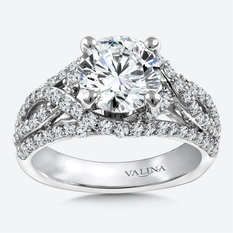 Diamond Crisscross engagement ring mounting with side stones set in 14k white gold.