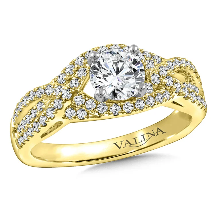 Diamond Crisscross engagement ring mounting with side stones set in 14k yellow gold.