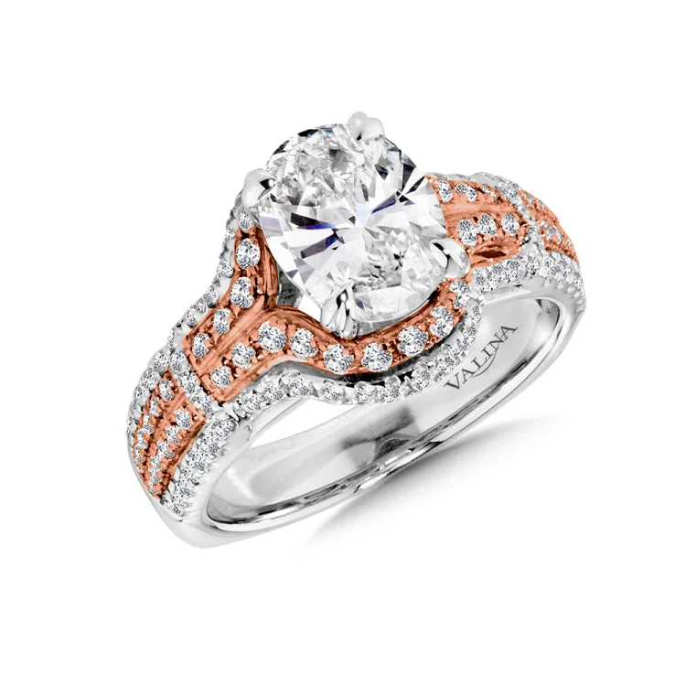 Diamond engagement ring mounting in 14k white gold with rose gold accents and diamond side stones.