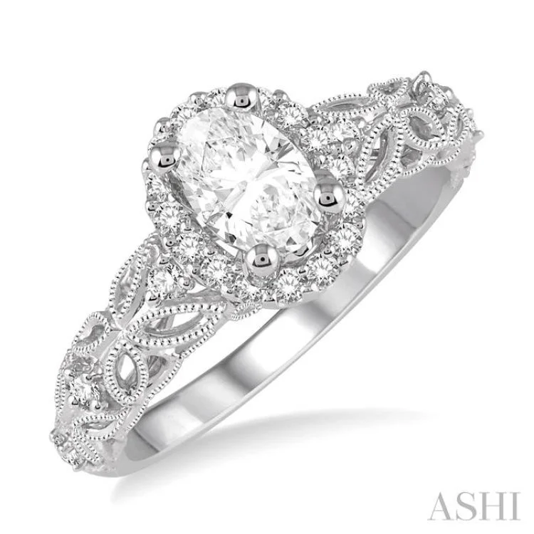 1/3 Ctw Round Diamond Oval Halo Vintage Inspired Semi-Mount Engagement Ring in 14K White Gold