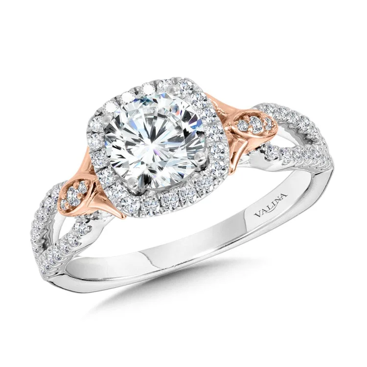 Two-Toned Split Shank Cushion-Shaped Halo Engagement Ring