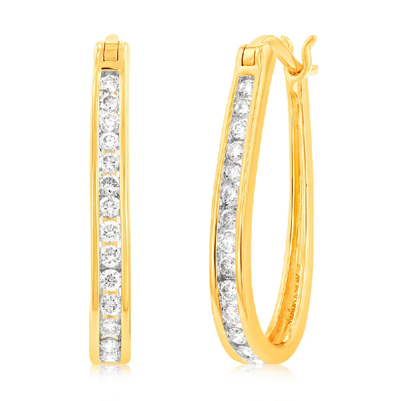 9ct Yellow Gold 1/2 Carat Chanel Set Hoop Earrings with 28 Brilliant Diamonds