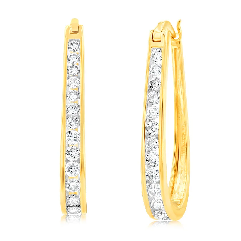 9ct Yellow Gold 1 Carat Channel Set Hoop Earrings with 28 Brilliant Diamonds