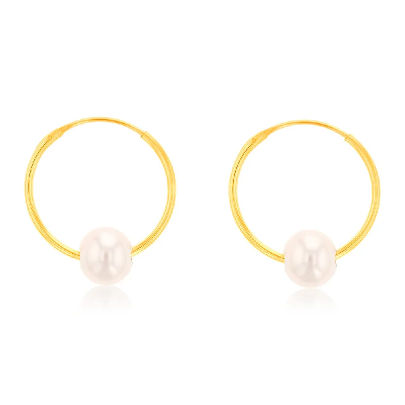 9ct Yellow Gold 5mm Fresh Water Pearl 13mm Sleeper Earrings