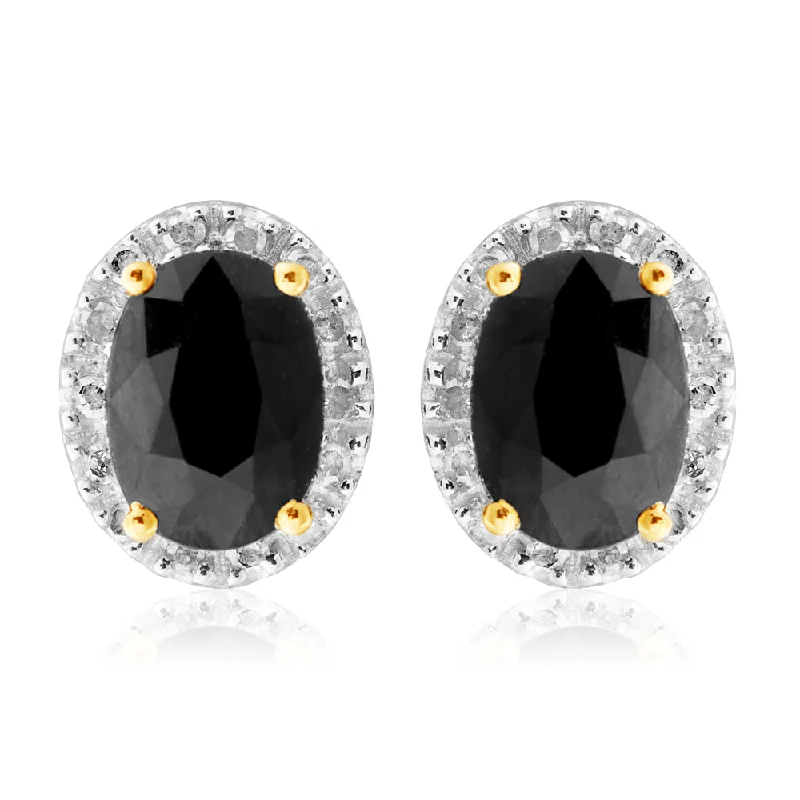 9ct Yellow Gold 5X7mm Oval Cut Natural Sapphire and 0.14 Carat Diamond Stud Earrings