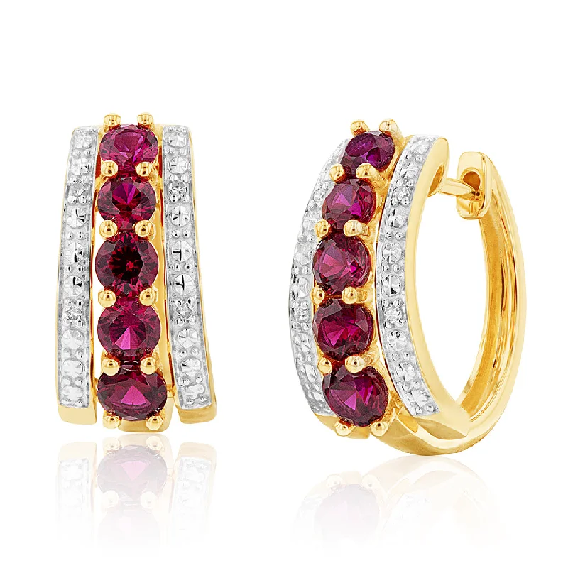 9ct Yellow Gold Created Ruby and Diamond Huggie Hoop Earrings