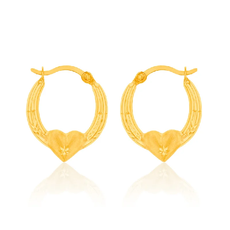 9ct Yellow Gold Diamond Cut Heart On Hoop Earrings