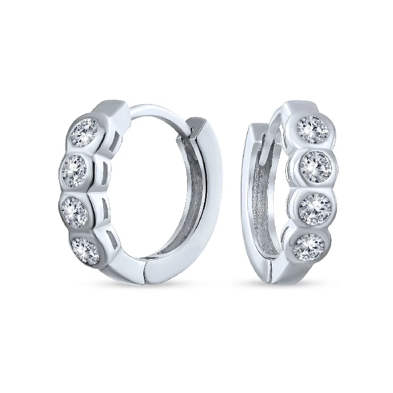 Classic Dainty Round CZ Hoop Earrings Bezel Set Solitaire Sterling Silver Huggies