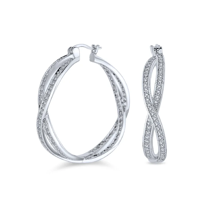 Cubic Zirconia Pave CZ Hoop Earrings Infinity Love Knot Silver 1.5" Diameter