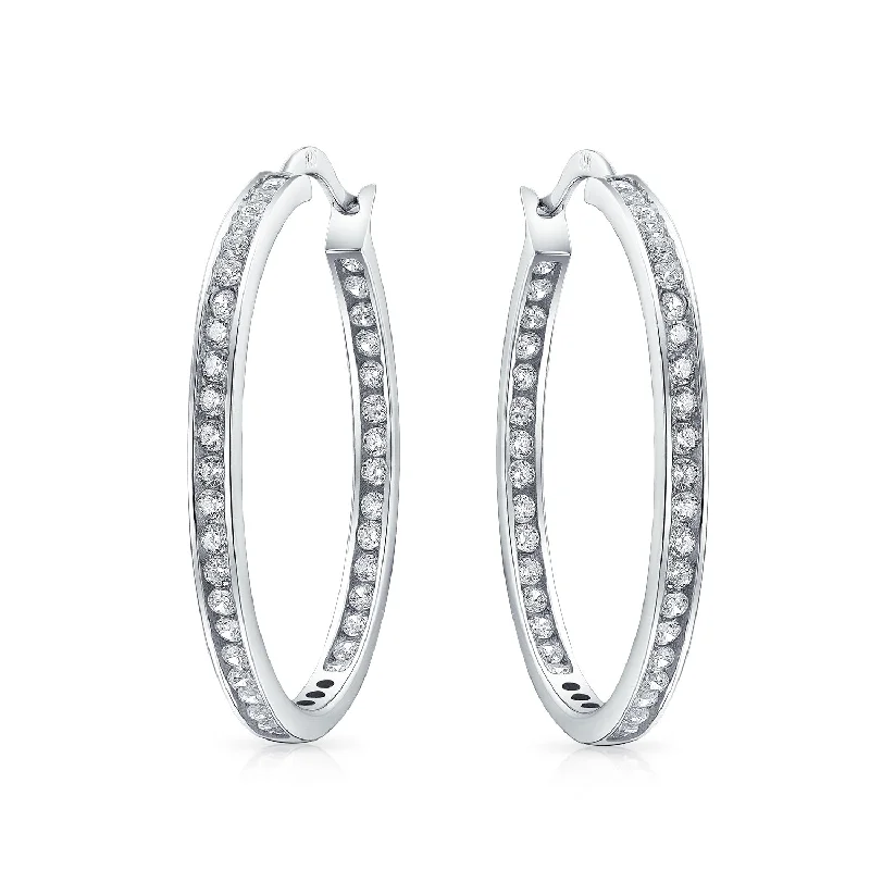 CZ Hoop Earrings Round Solitaire Channel Set Sterling Silver Statement Hoops