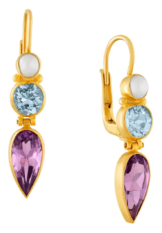 Ellen Terry Amethyst, Blue Topaz and Pearl Earrings