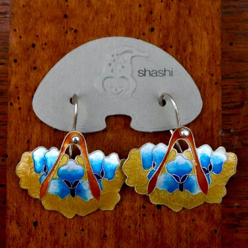 Vintage Shashi Feathers with Blue Flowers Silver Earrings