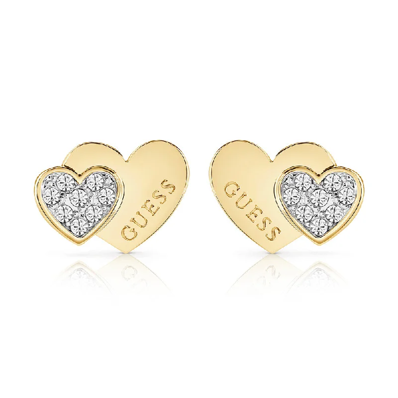 Guess Yellow Gold Plated Double Heart Pave Stud Earrings