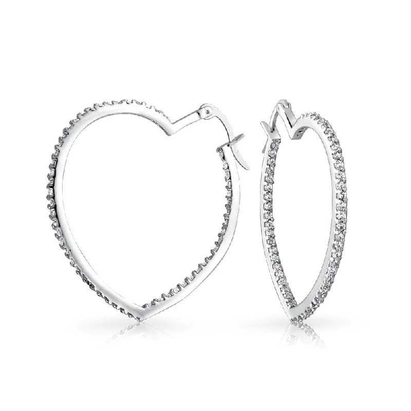 Heart Shaped Inside Out CZ Hoop Earrings Silver Tone Brass 1.5 Inch Diameter