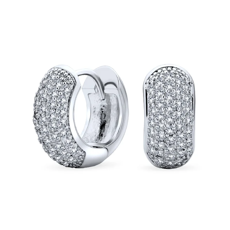 Holiday Bridal CZ Hoop Earrings 5-Row Dome Silver Plated Hinge Style Wedding Jewelry