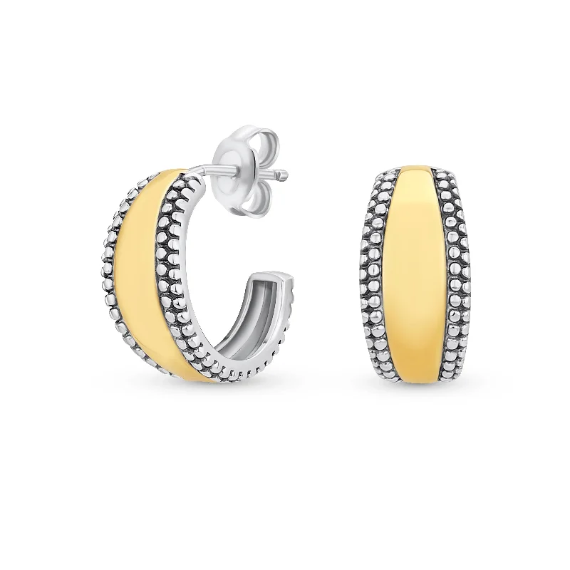 Lightweight Dome Caviar Bead Edge Hoop Huggie Earrings Gold Plated Sterling Silver