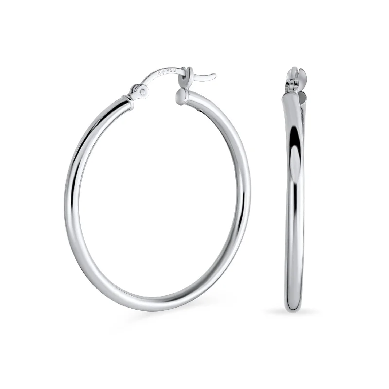 Minimalist Round Tube Hoop Huggie Earrings in Polished Sterling Silver 1.5 Inch