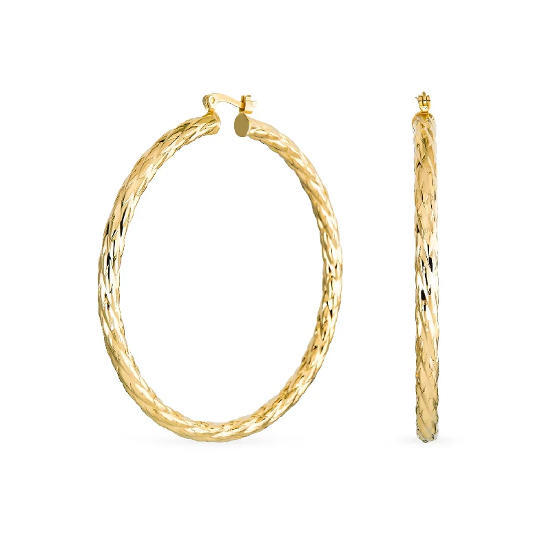 Rope Cable Wide Hoop Huggie Earrings 18K Gold Plated Brass 2.25 Inch Diameter