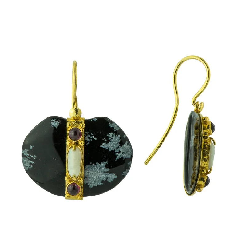 Tsar Alexander Snowflake Obsidian, Garnet and Pearl Earrings