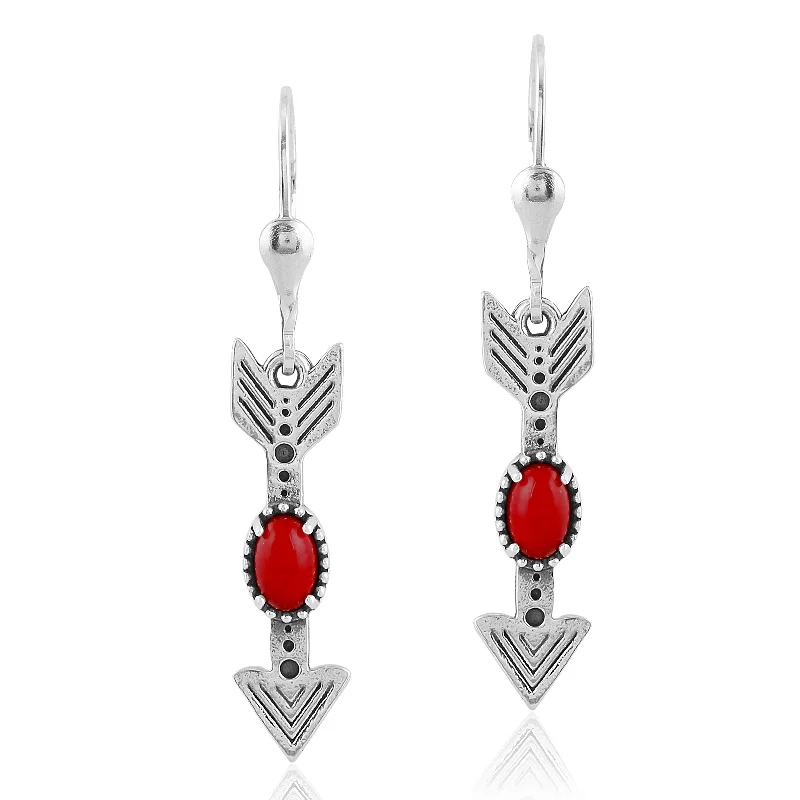 Sterling Silver Red Coral Gemstone Arrow Lever Back Earrings