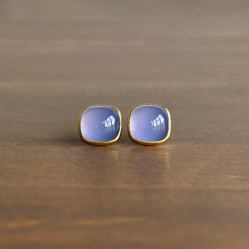 Blue Chalcedony Cushion Cabochon Stud Earrings