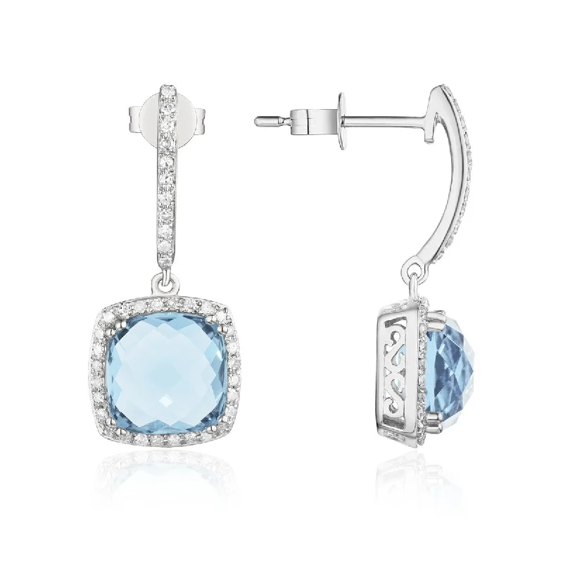 Blue Topaz & Diamond 14K White Gold Cushion Drop Earrings